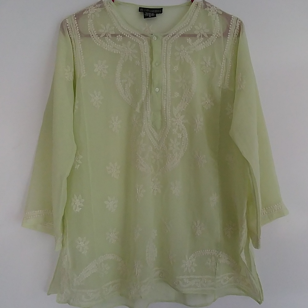 Light green indian top with white threadwork